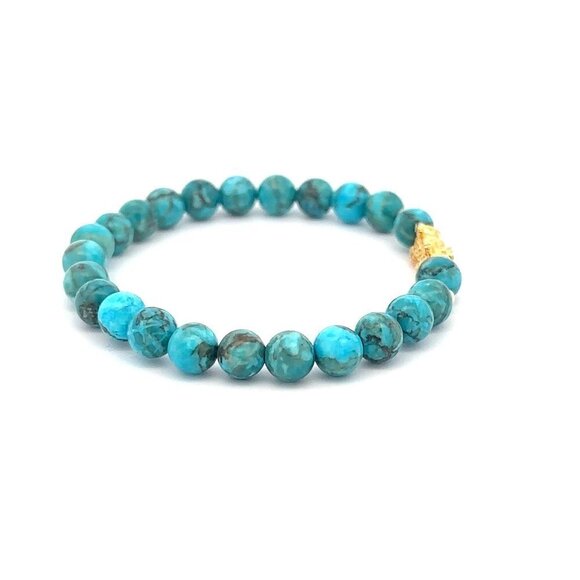 18K Gold Dragon Pixiu Piyao Lucky Charm Beads Bracelet Gemstones Turquoise 6mm - Picture 3 of 5